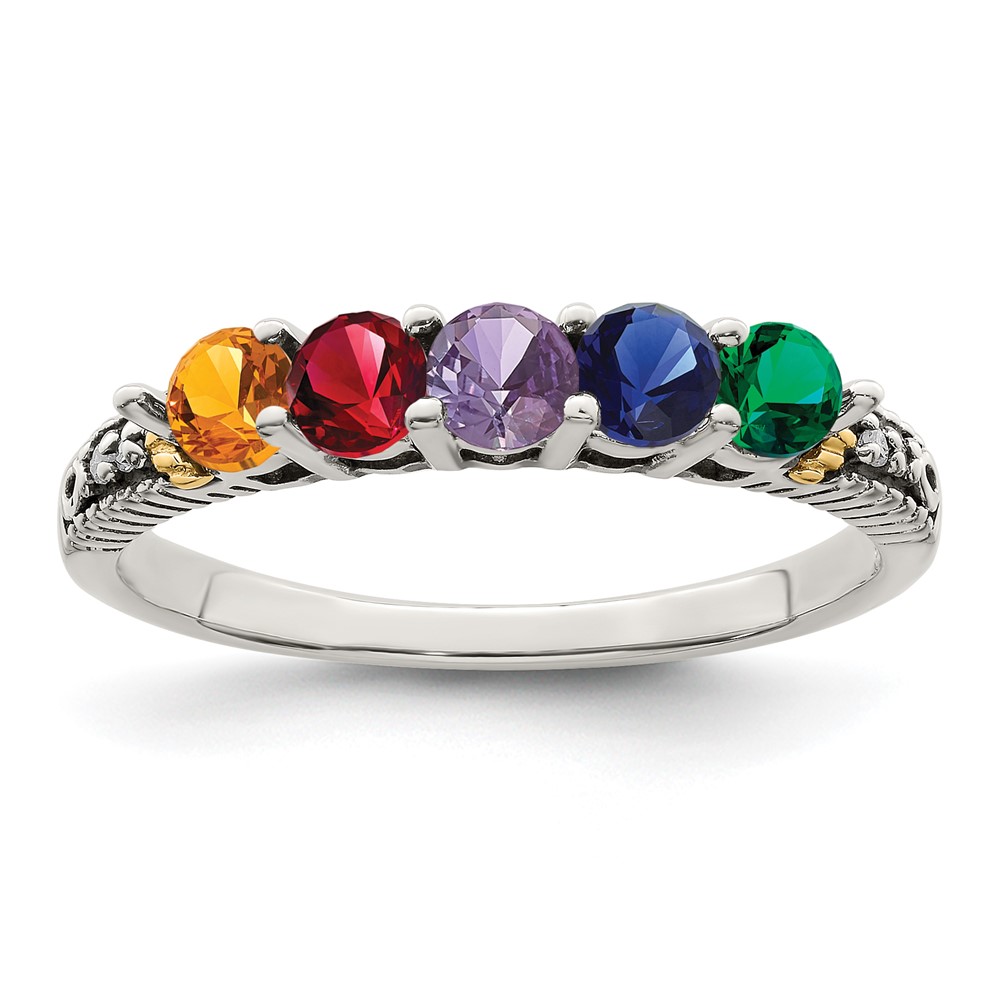 Sterling Silver Antiqued w/14k 5-stone w/Diamond Mother's Ring Semi-Mount (QMR33/5-9)