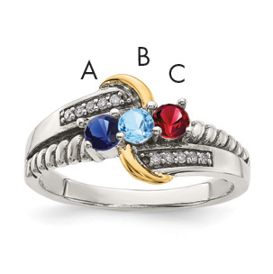 Sterling Silver Antiqued w/14k 3-stone w/Diamond Mother's Ring Semi-Mount (QMR37/3-10)