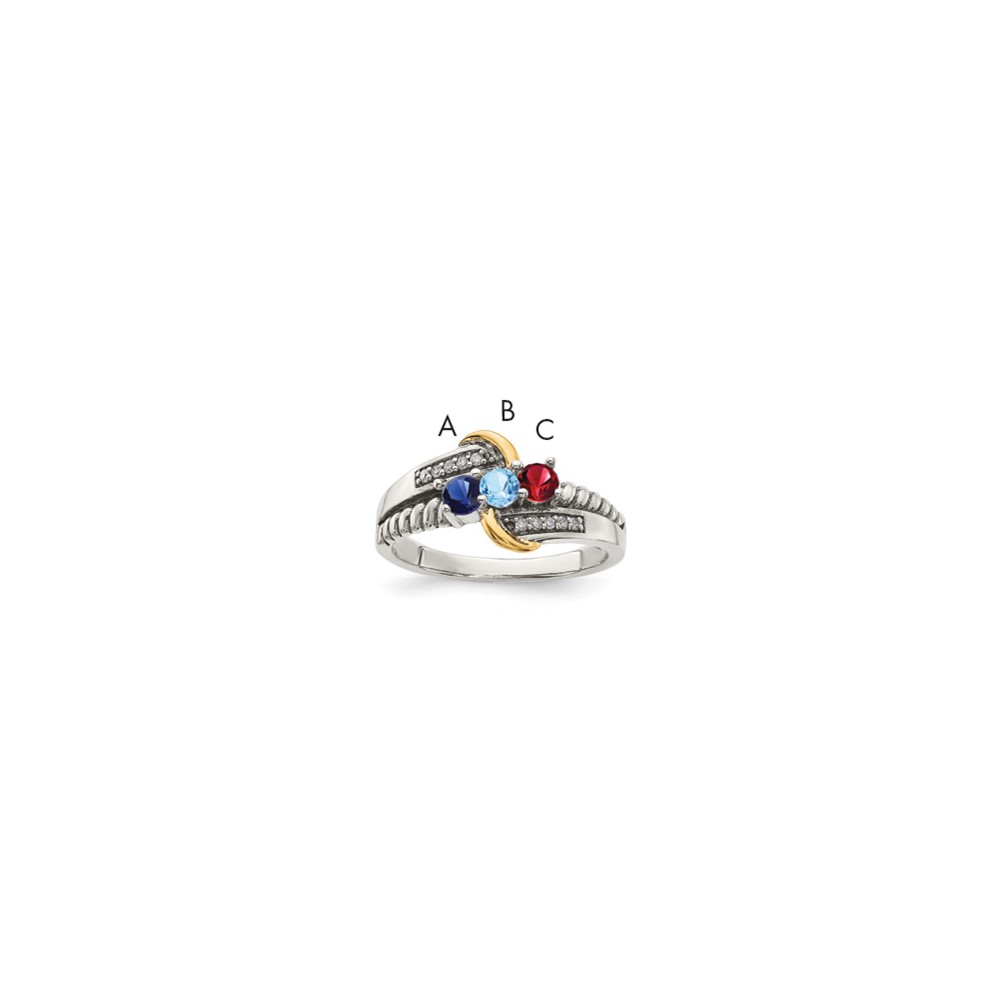 Sterling Silver Antiqued Ring with 14K 3-stone with Diamond Mother's