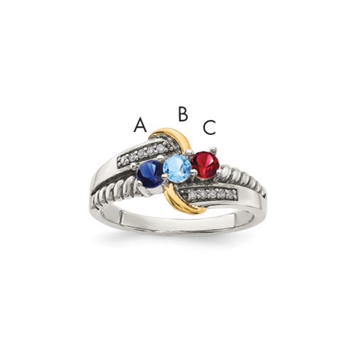 Sterling Silver Antiqued Ring with 14K 3-stone with Diamond Mother's