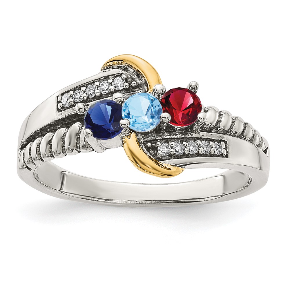 Sterling Silver Antiqued w/14k 3-stone w/Diamond Mother's Ring Semi-Mount (QMR37/3-10)