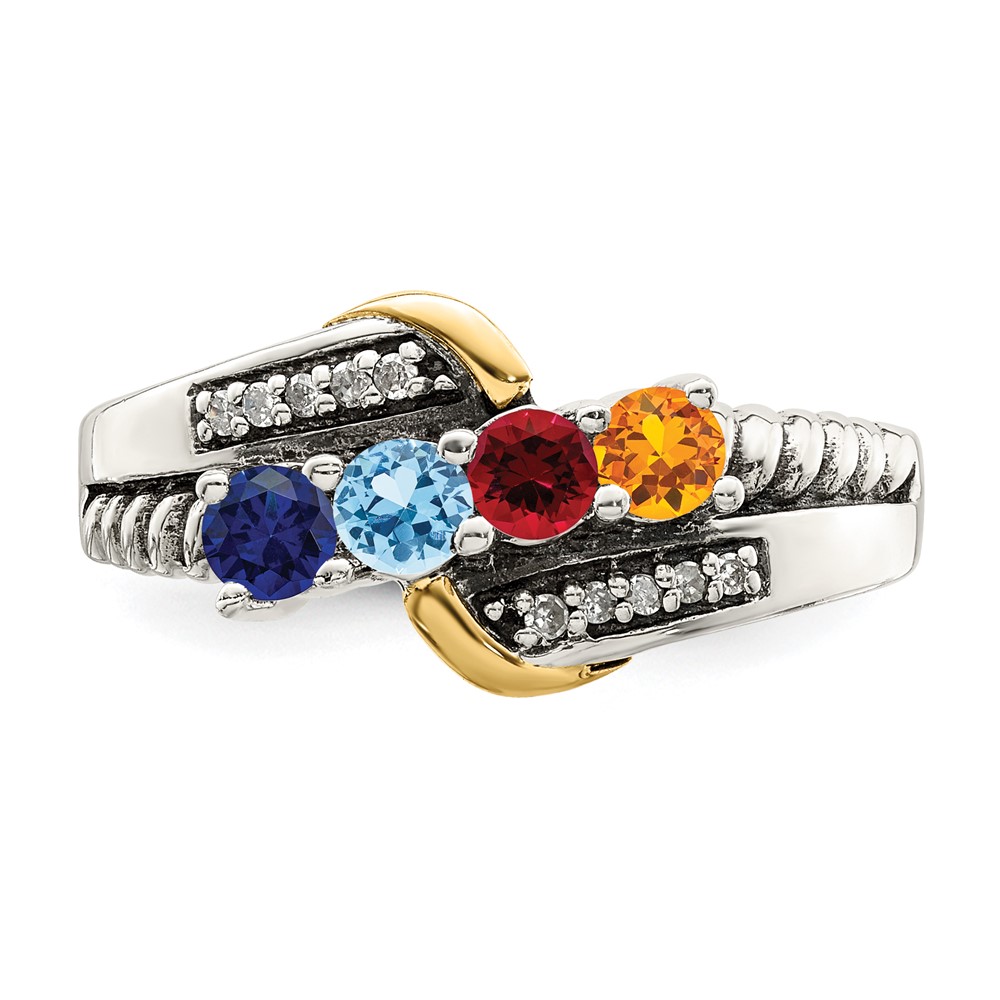 Sterling Silver Antiqued w/14k 4-stone w/Diamond Mother's Ring Semi-Mount (QMR37/4-8)
