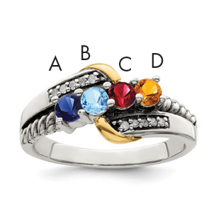 Sterling Silver Antiqued w/14k 4-stone w/Diamond Mother's Ring Semi-Mount (QMR37/4-8)