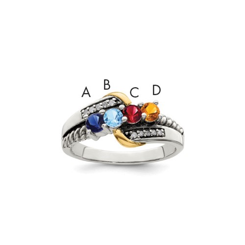 Sterling Silver Antiqued Ring with 14K 4-stone with Diamond Mother's