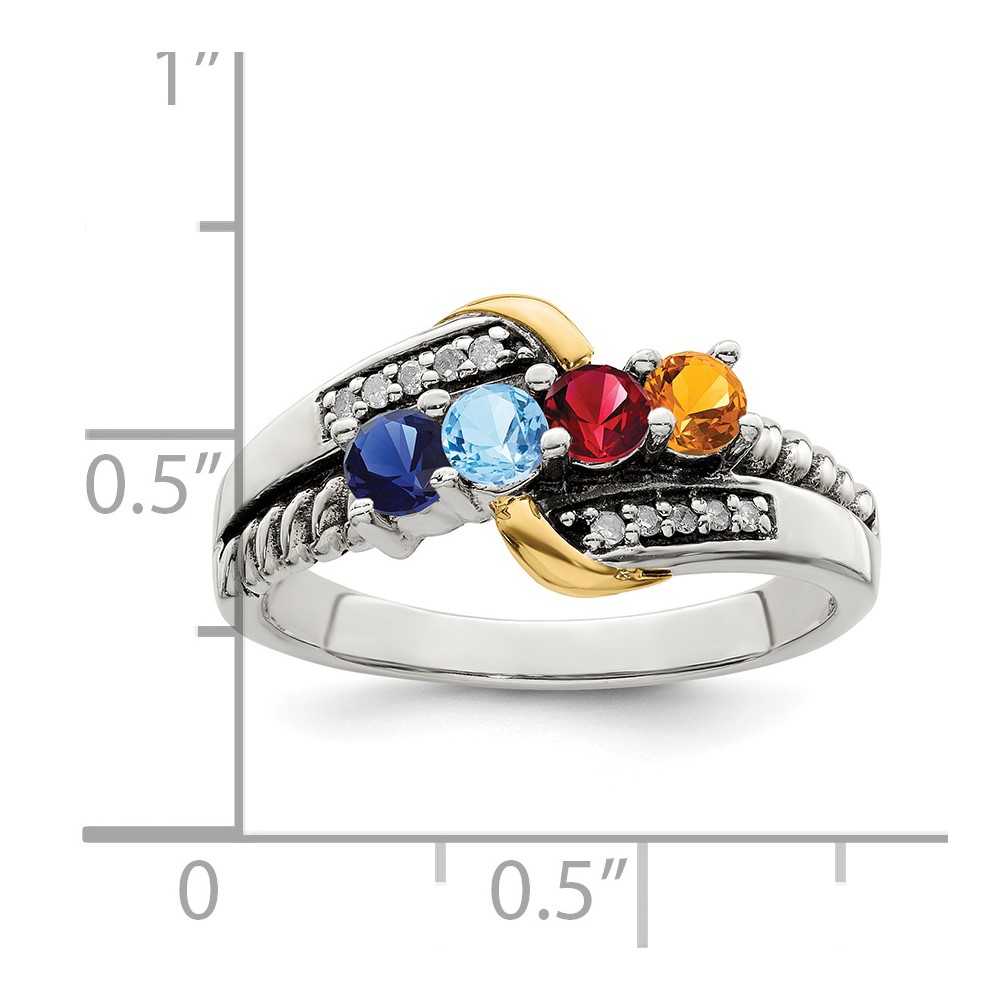 Sterling Silver Antiqued w/14k 4-stone w/Diamond Mother's Ring Semi-Mount (QMR37/4-8)
