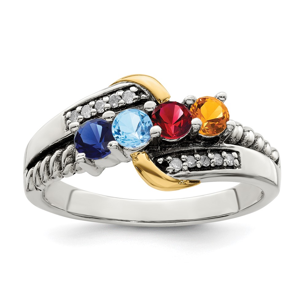 Sterling Silver Antiqued w/14k 4-stone w/Diamond Mother's Ring Semi-Mount (QMR37/4-8)