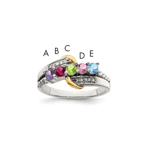 Sterling Silver Antiqued Ring with 14K 5-stone with Diamond Mother's
