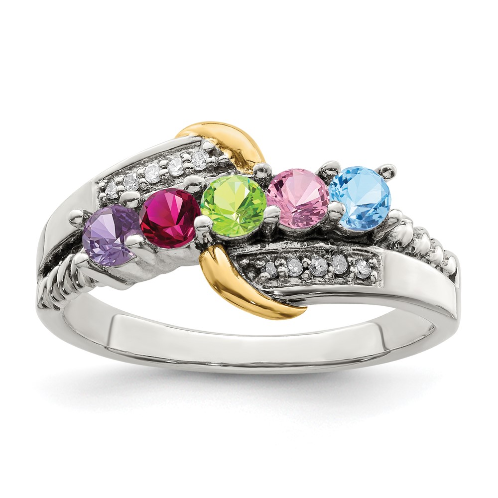 Sterling Silver Antiqued w/14k 5-stone w/Diamond Mother's Ring Semi-Mount (QMR37/5-10)