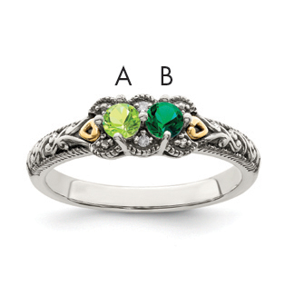 Sterling Silver Antiqued w/14k 2-stone w/Diamond Mother's Ring Semi-Mount (QMR38/2-6)