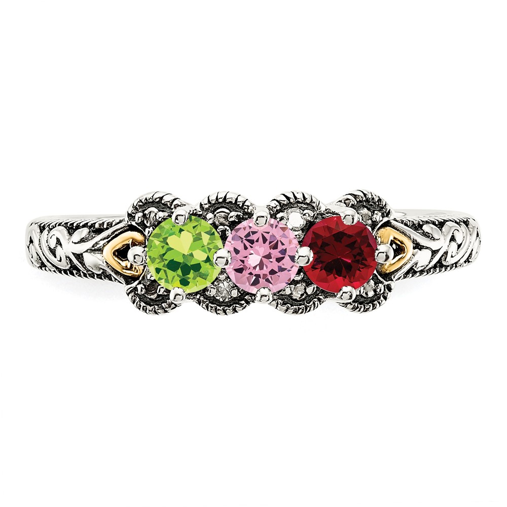 Sterling Silver Antiqued w/14k 3-stone w/Diamond Mother's Ring Semi-Mount (QMR38/3-7)