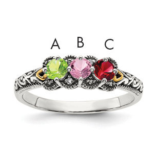 Sterling Silver Antiqued w/14k 3-stone w/Diamond Mother's Ring Semi-Mount (QMR38/3-7)