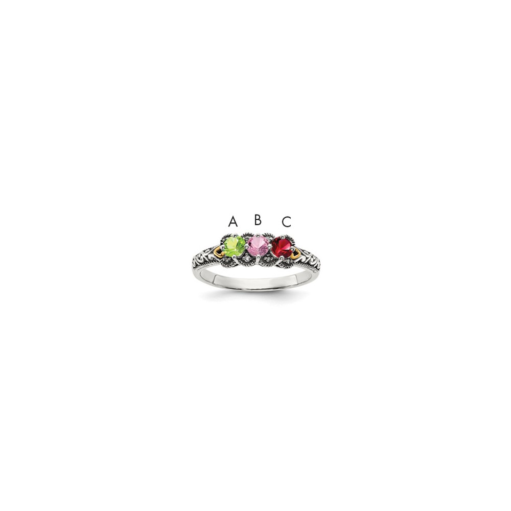 Sterling Silver Antiqued w/14k 3-stone w/Diamond Mother's Ring Semi-Mount (QMR38/3-7)