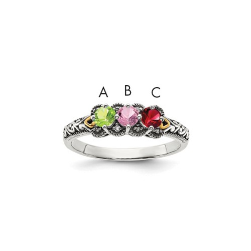 Sterling Silver Antiqued Ring with 14K 3-stone with Diamond Mother's