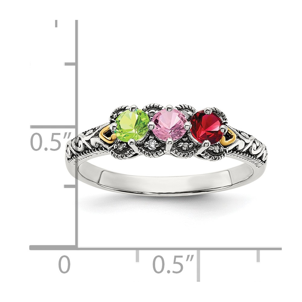 Sterling Silver Antiqued w/14k 3-stone w/Diamond Mother's Ring Semi-Mount (QMR38/3-7)