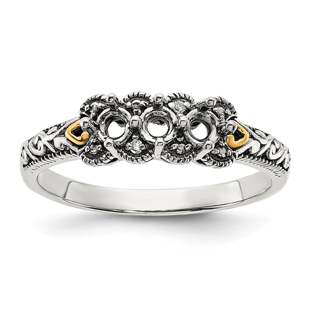 Sterling Silver Antiqued w/14k 3-stone w/Diamond Mother's Ring Semi-Mount (QMR38/3-7)