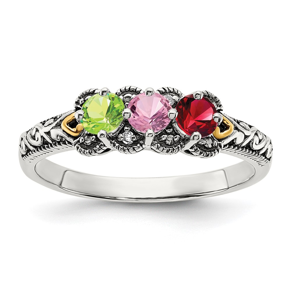 Sterling Silver Antiqued w/14k 3-stone w/Diamond Mother's Ring Semi-Mount (QMR38/3-7)