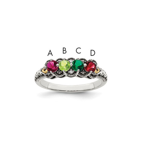 Sterling Silver Antiqued Ring with 14K 4-stone with Diamond Mother's