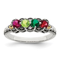 Sterling Silver Antiqued Ring with 14K 4-stone with Diamond Mother's view 2