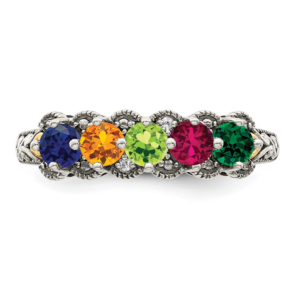 Sterling Silver Antiqued w/14k 5-stone w/Diamond Mother's Ring Semi-Mount (QMR38/5-10)