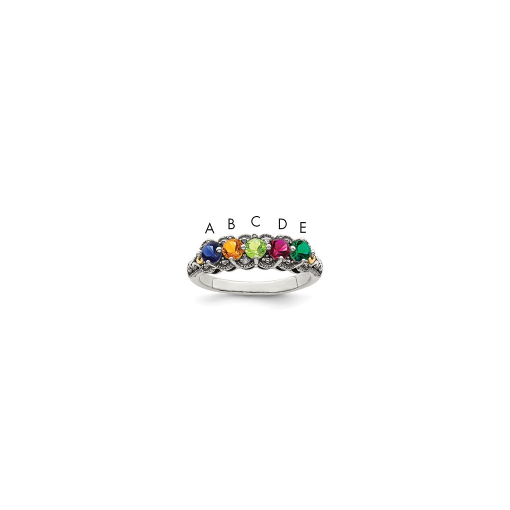 Sterling Silver Antiqued Ring with 14K 5-stone with Diamond Mother's