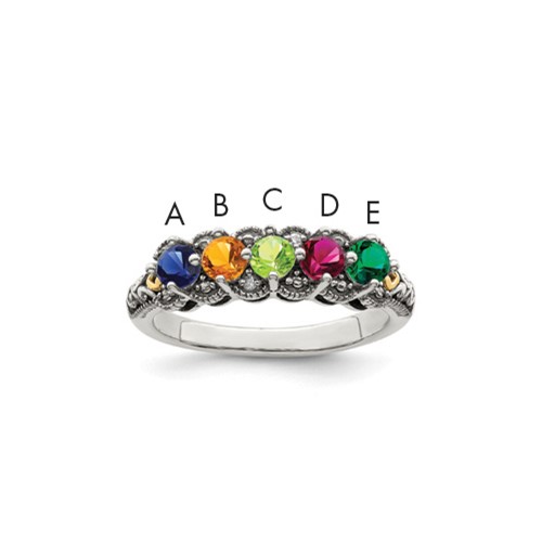 Sterling Silver Antiqued Ring with 14K 5-stone with Diamond Mother's