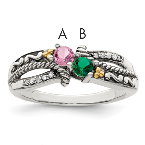 Sterling Silver Antiqued w/14k 2-stone w/Diamond Mother's Ring Semi-Mount (QMR39/2-5)