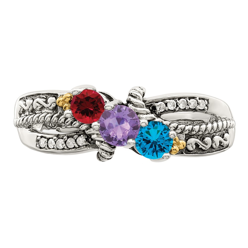 Sterling Silver Antiqued w/14k 3-stone w/Diamond Mother's Ring Semi-Mount (QMR39/3-7)