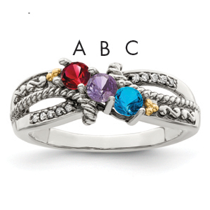 Sterling Silver Antiqued w/14k 3-stone w/Diamond Mother's Ring Semi-Mount (QMR39/3-7)