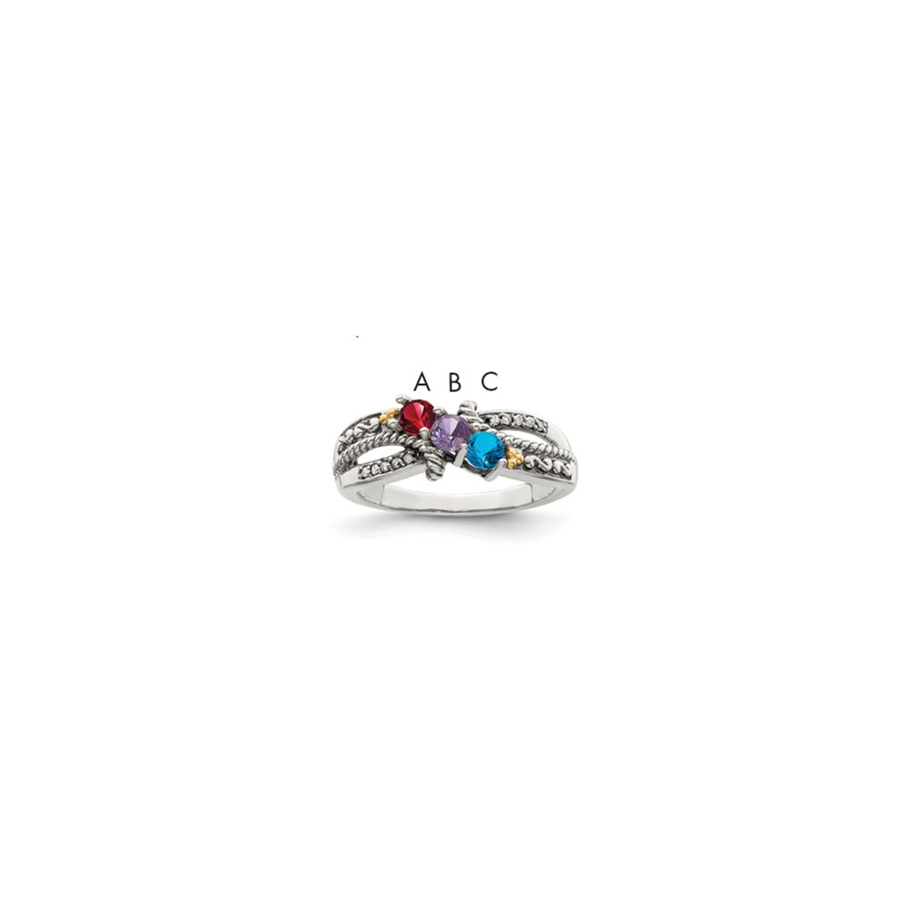 Sterling Silver Antiqued Ring with 14K 3-stone with Diamond Mother's