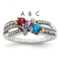 Sterling Silver Antiqued Ring with 14K 3-stone with Diamond Mother's view 1