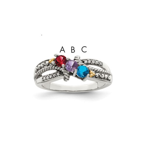 Sterling Silver Antiqued Ring with 14K 3-stone with Diamond Mother's