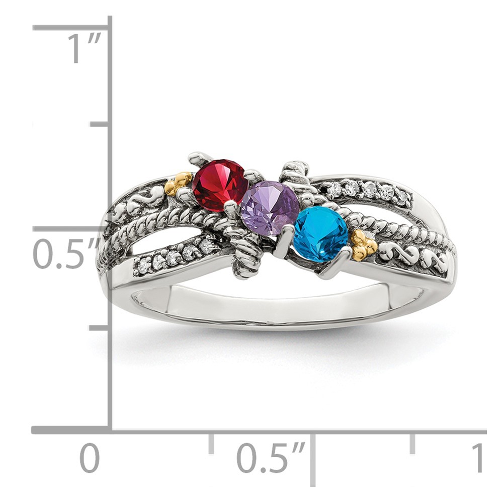 Sterling Silver Antiqued w/14k 3-stone w/Diamond Mother's Ring Semi-Mount (QMR39/3-8)