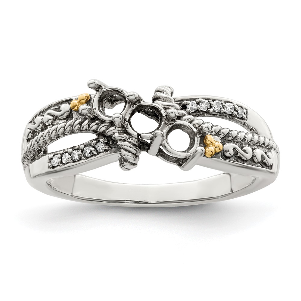 Sterling Silver Antiqued w/14k 3-stone w/Diamond Mother's Ring Semi-Mount (QMR39/3-8)