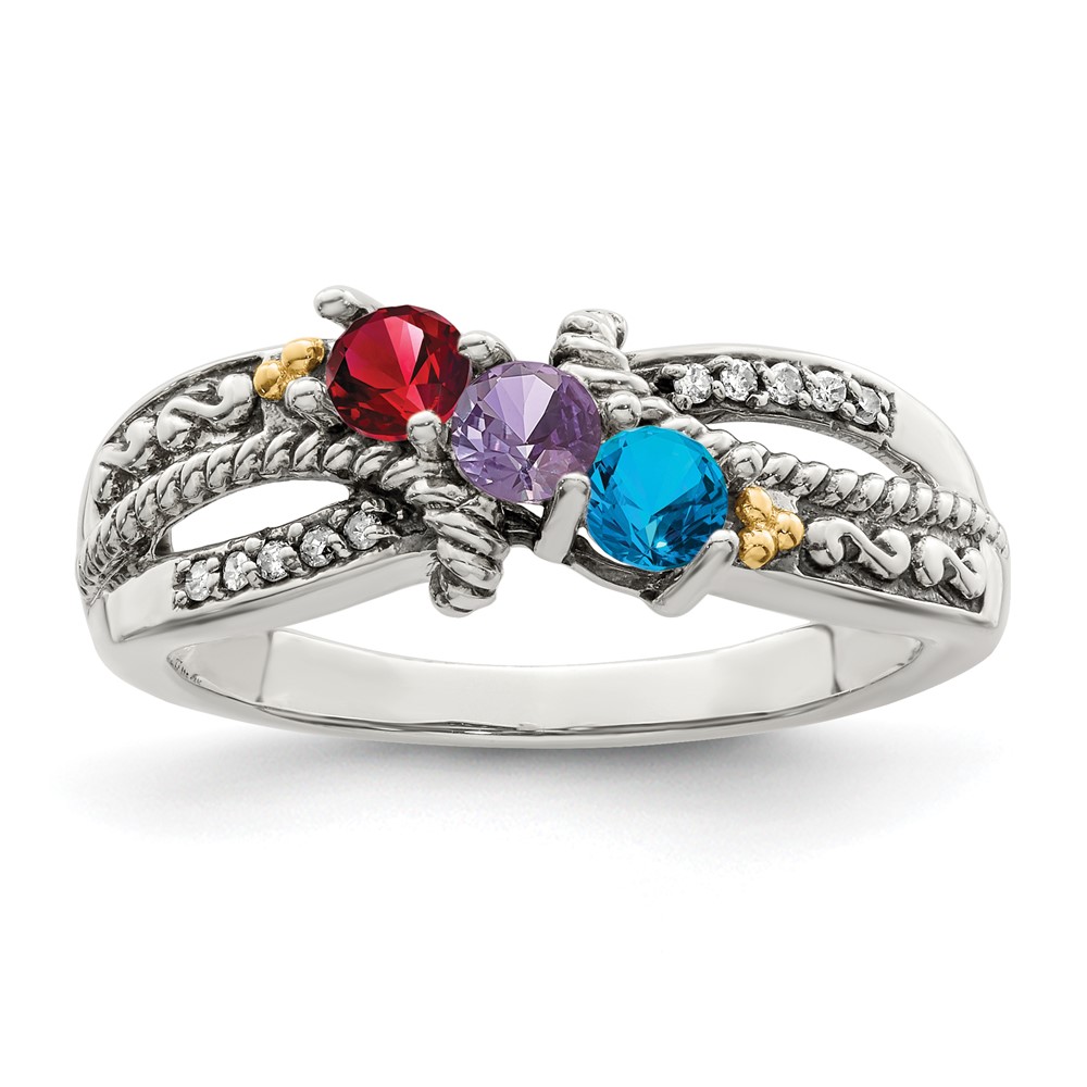 Sterling Silver Antiqued w/14k 3-stone w/Diamond Mother's Ring Semi-Mount (QMR39/3-8)