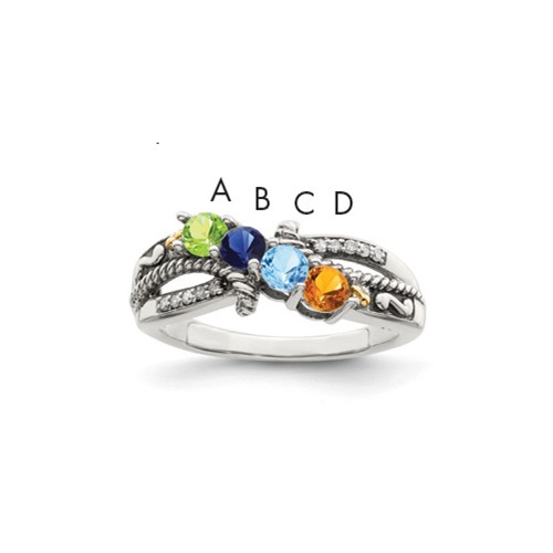 Sterling Silver Antiqued Ring with 14K 4-stone with Diamond Mother's