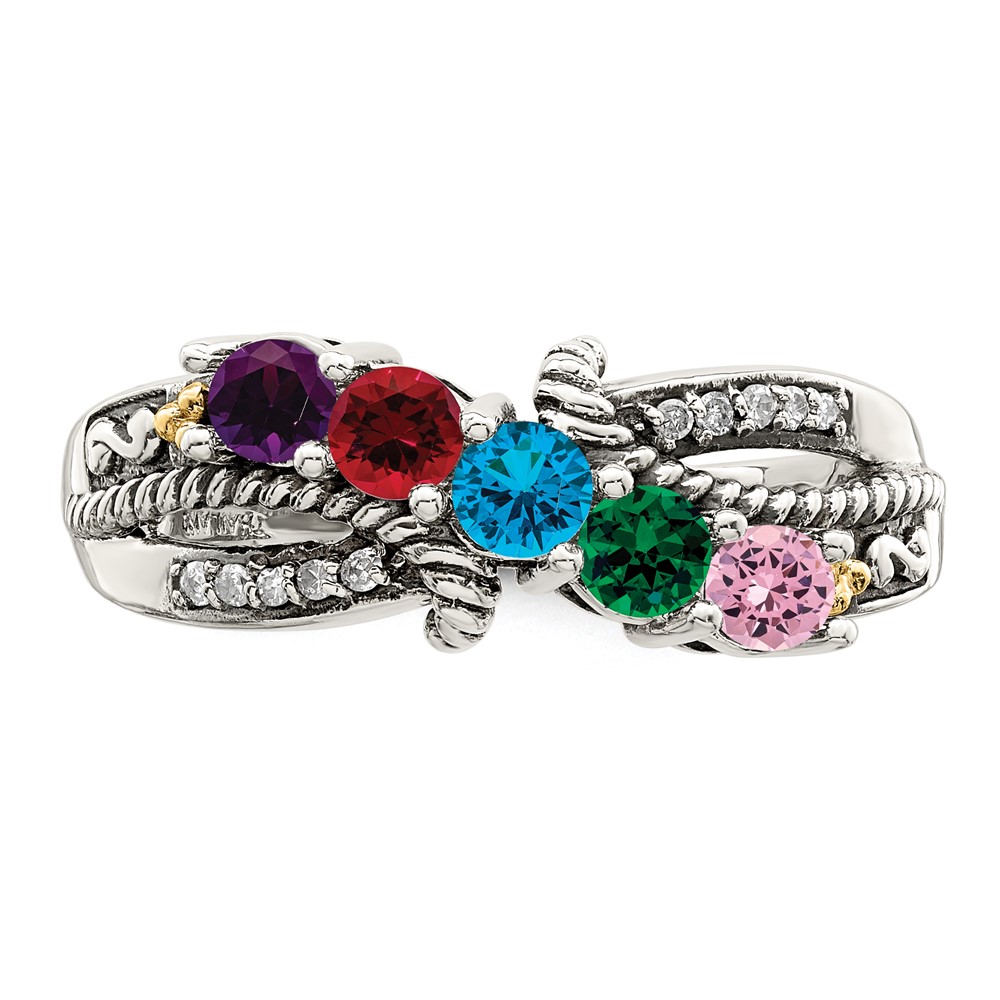 Sterling Silver Antiqued w/14k 5-stone w/Diamond Mother's Ring Semi-Mount (QMR39/5-7)