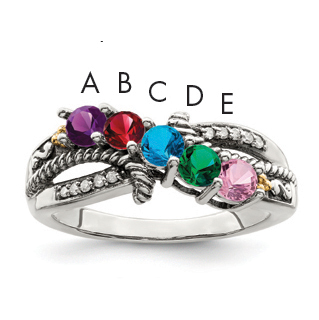 Sterling Silver Antiqued w/14k 5-stone w/Diamond Mother's Ring Semi-Mount (QMR39/5-10)