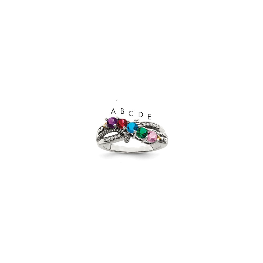 Sterling Silver Antiqued Ring with 14K 5-stone with Diamond Mother's