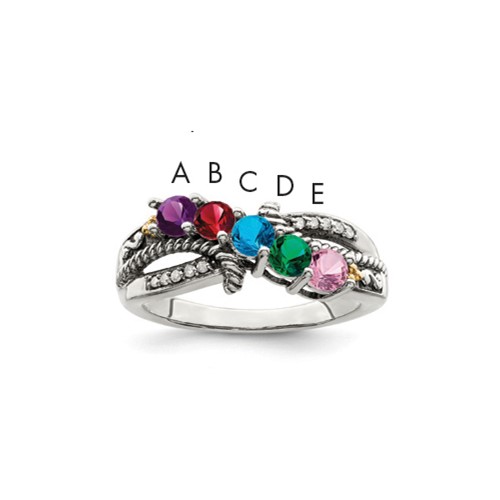 Sterling Silver Antiqued Ring with 14K 5-stone with Diamond Mother's