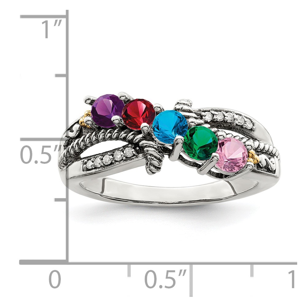 Sterling Silver Antiqued w/14k 5-stone w/Diamond Mother's Ring Semi-Mount (QMR39/5-7)