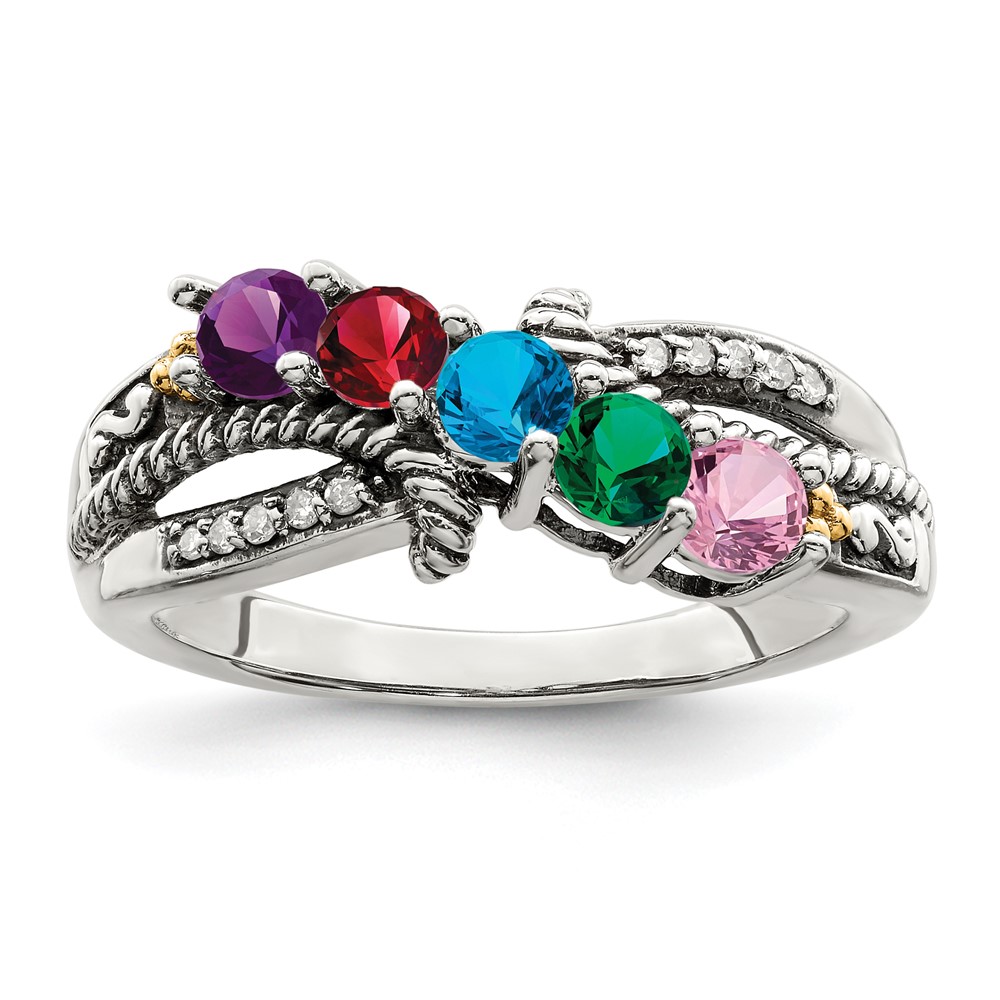 Sterling Silver Antiqued w/14k 5-stone w/Diamond Mother's Ring Semi-Mount (QMR39/5-7)