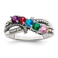 Sterling Silver Antiqued Ring with 14K 5-stone with Diamond Mother's view 2