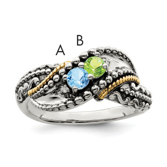 Sterling Silver Antiqued w/14k 2-stone w/Diamond Mother's Ring Semi-Mount (QMR40/2-5)