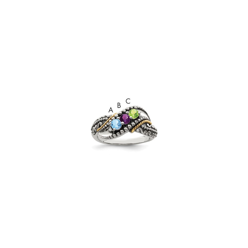 Sterling Silver Antiqued Ring with 14K 3-stone with Diamond Mother's