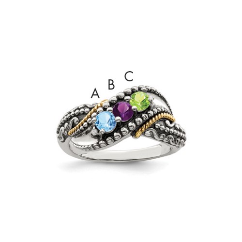 Sterling Silver Antiqued Ring with 14K 3-stone with Diamond Mother's