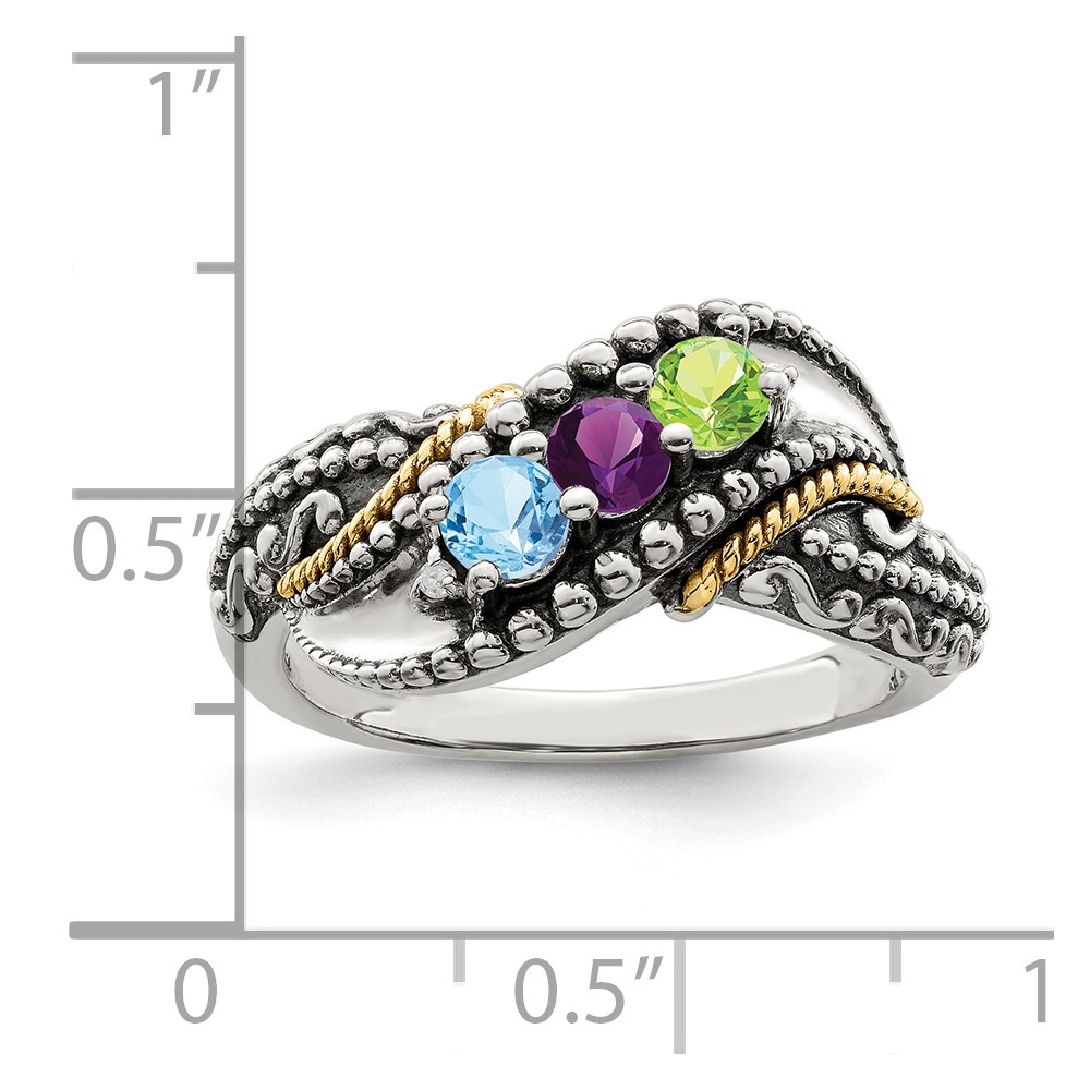 Sterling Silver Antiqued w/14k 3-stone w/Diamond Mother's Ring Semi-Mount (QMR40/3-5)