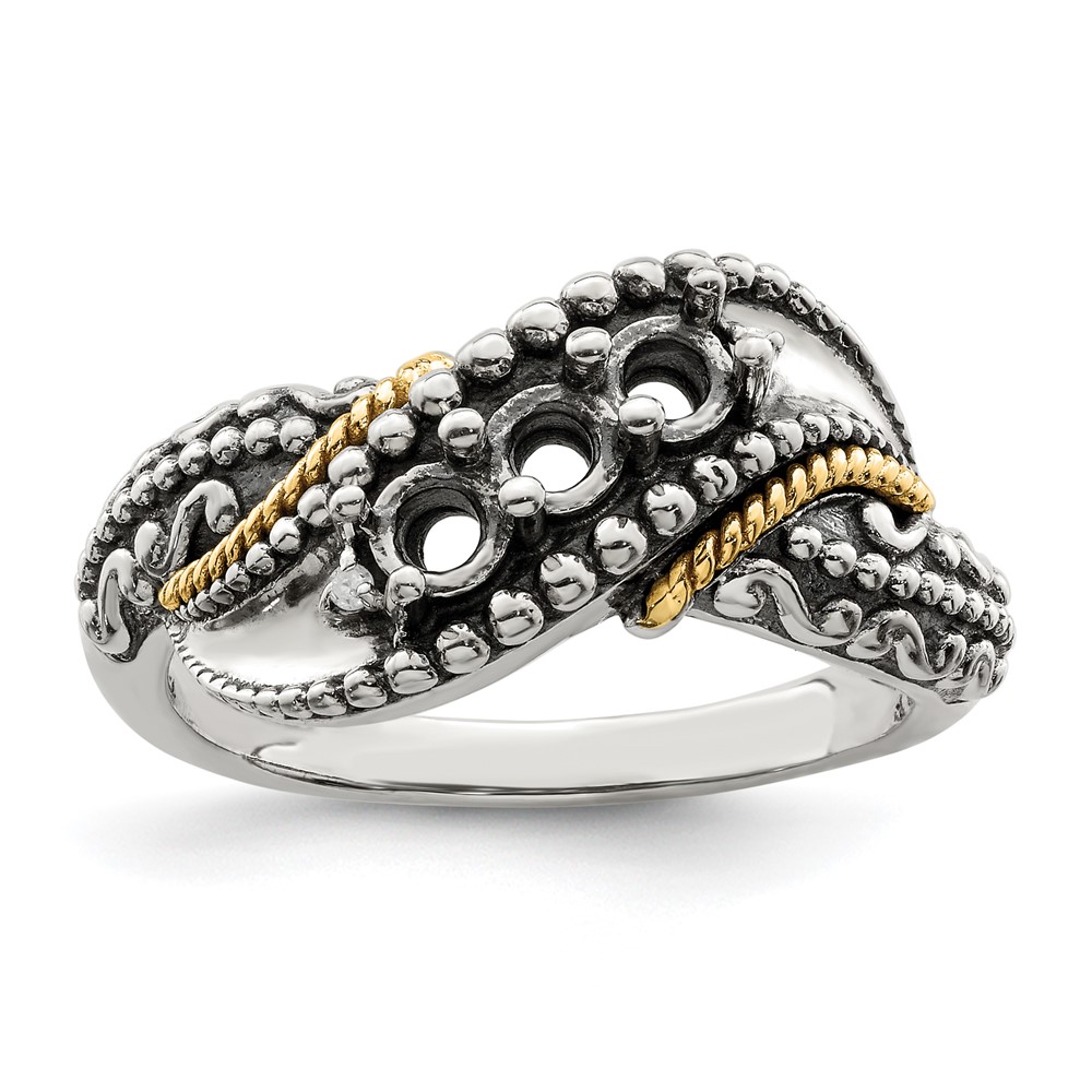 Sterling Silver Antiqued w/14k 3-stone w/Diamond Mother's Ring Semi-Mount (QMR40/3-5)