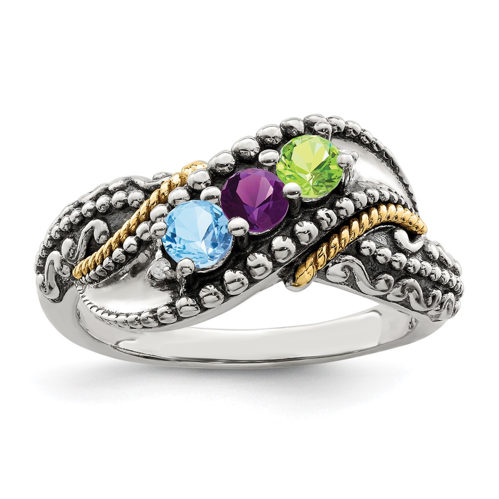 Sterling Silver Antiqued w/14k 3-stone w/Diamond Mother's Ring Semi-Mount (QMR40/3-5)