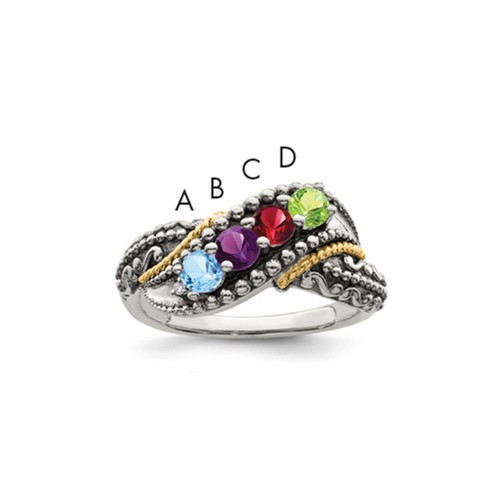 Sterling Silver Antiqued Ring with 14K 4-stone with Diamond Mother's
