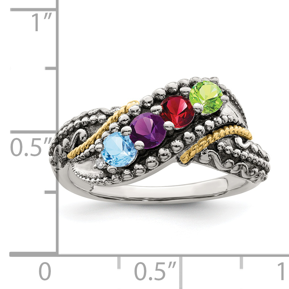 Silver Antiqued w/14k 4-stone w/Diamond Mother's Ring Semi-Mount QMR40/4 - Picture 7 of 8